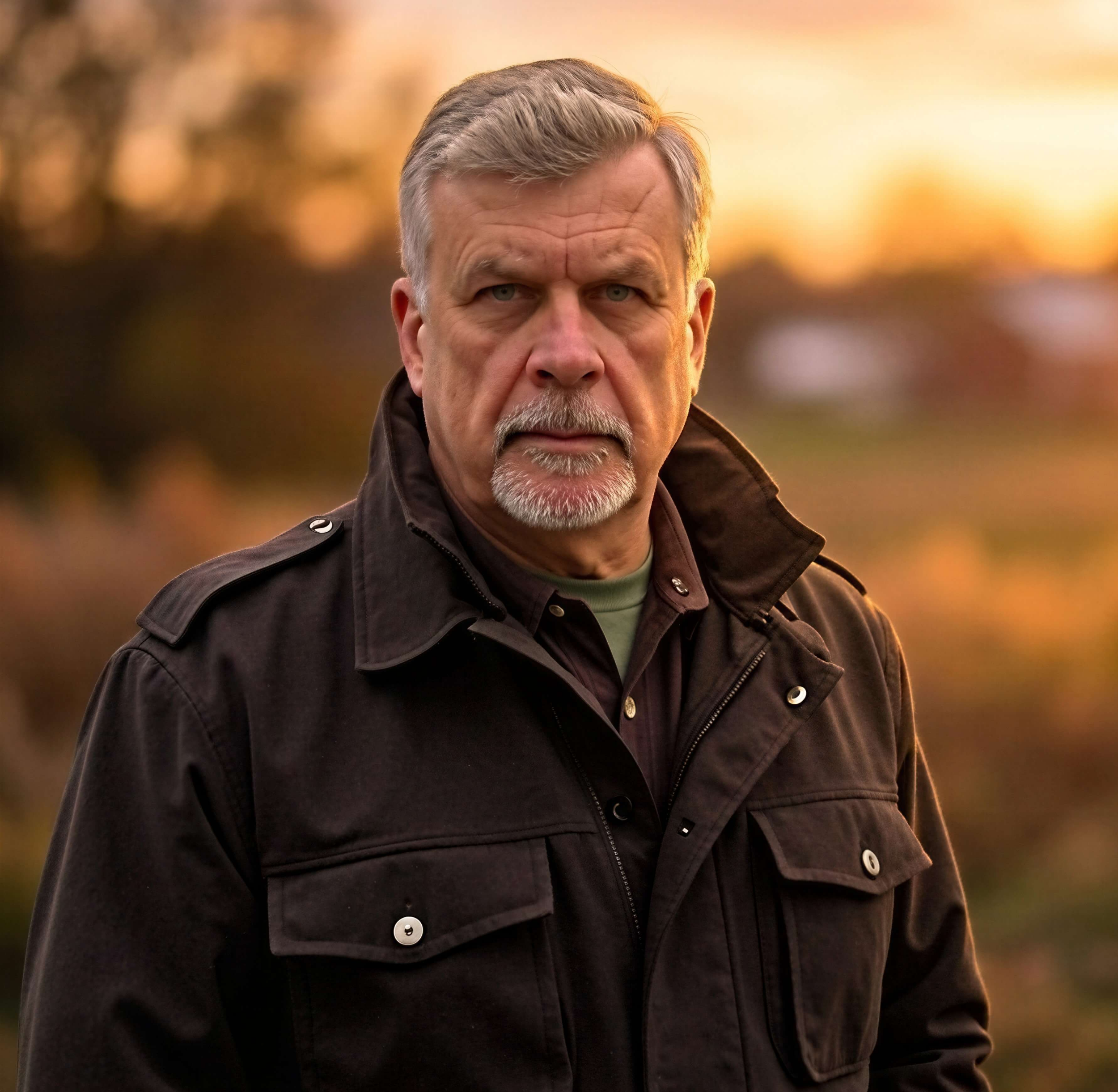 Man wearing a brown jacket in a field with a sunset background