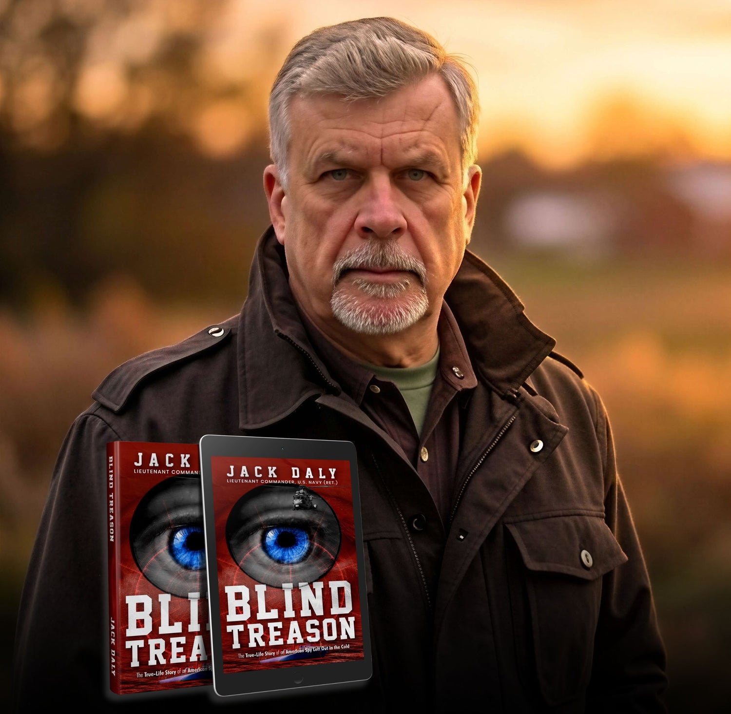 Man holding two copies of 'Blind Treason' by Jack Daly with a blurred outdoor background